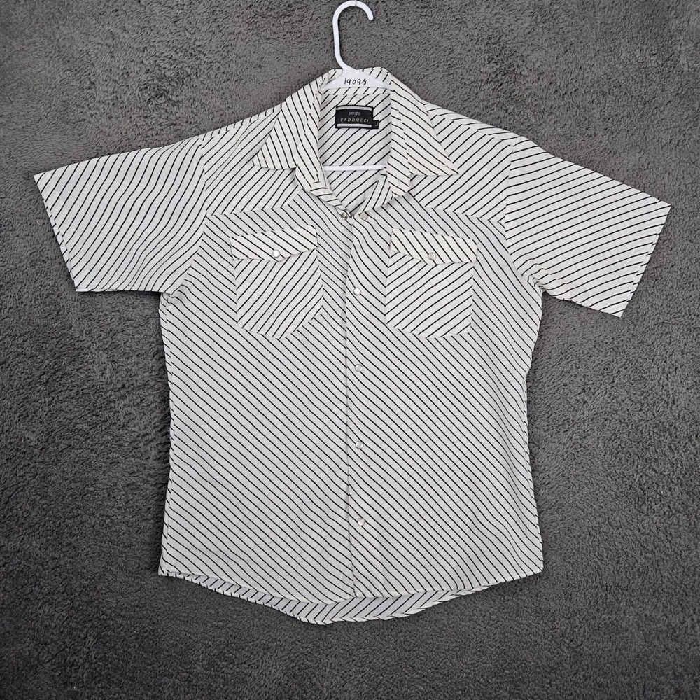 Sergio Vadducci Mens Large Short Sleeve Button Up Shirt Black White Stripe Poly